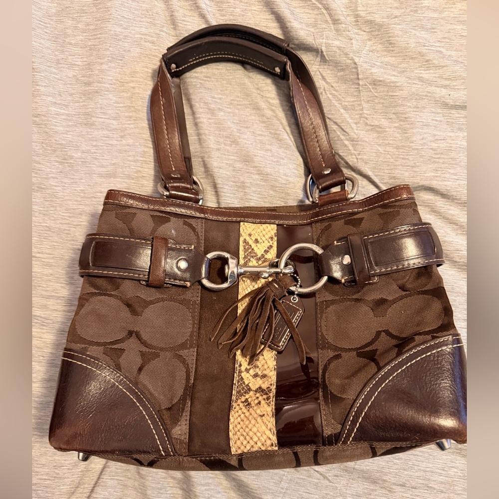 Coach Brown Hampton Signature Snake Skin Shoulder Bag